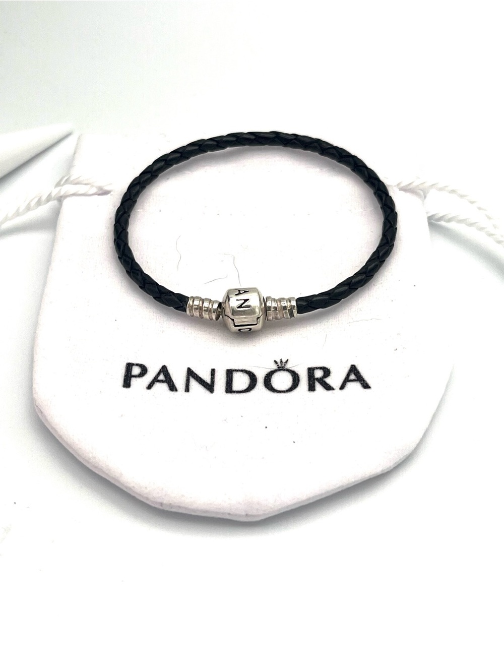 Pandora Black Braided Leather Bracelet with Silver Clasp Bead 6.7”